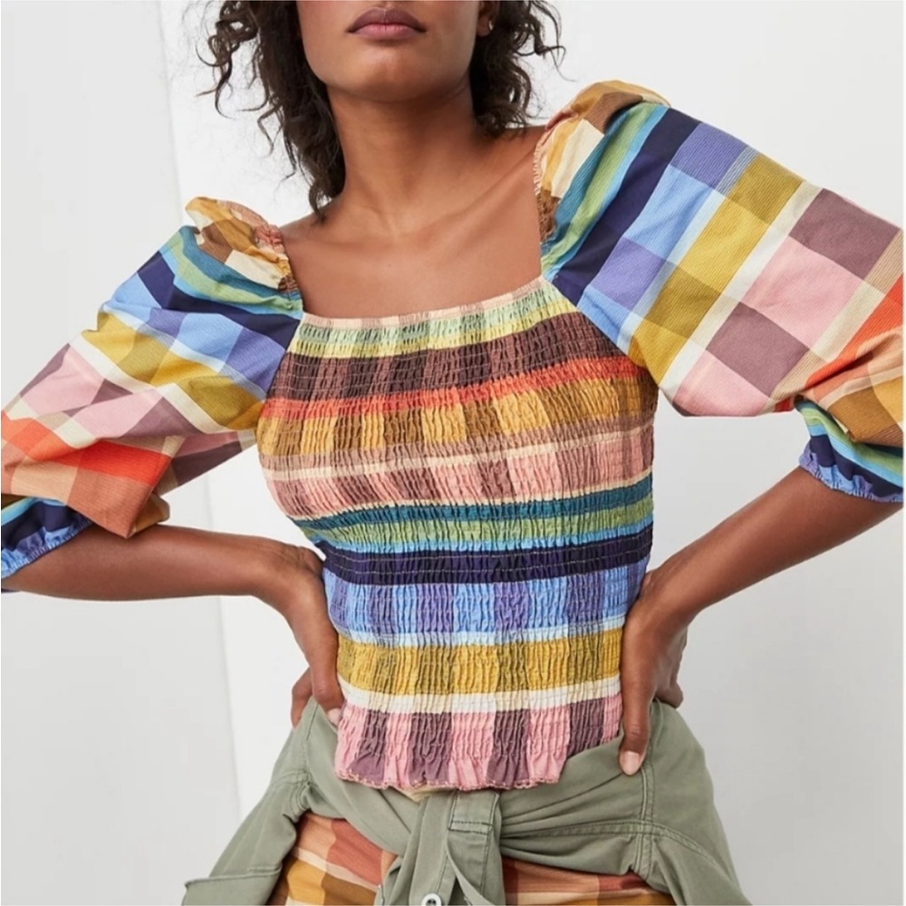 Anthropologie Farm Rio Multicolor Plaid Smocked Blouse